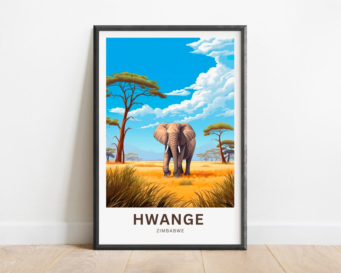 Hwange Zimbabwe Elephant Savanna Wildlife Retro Travel Poster