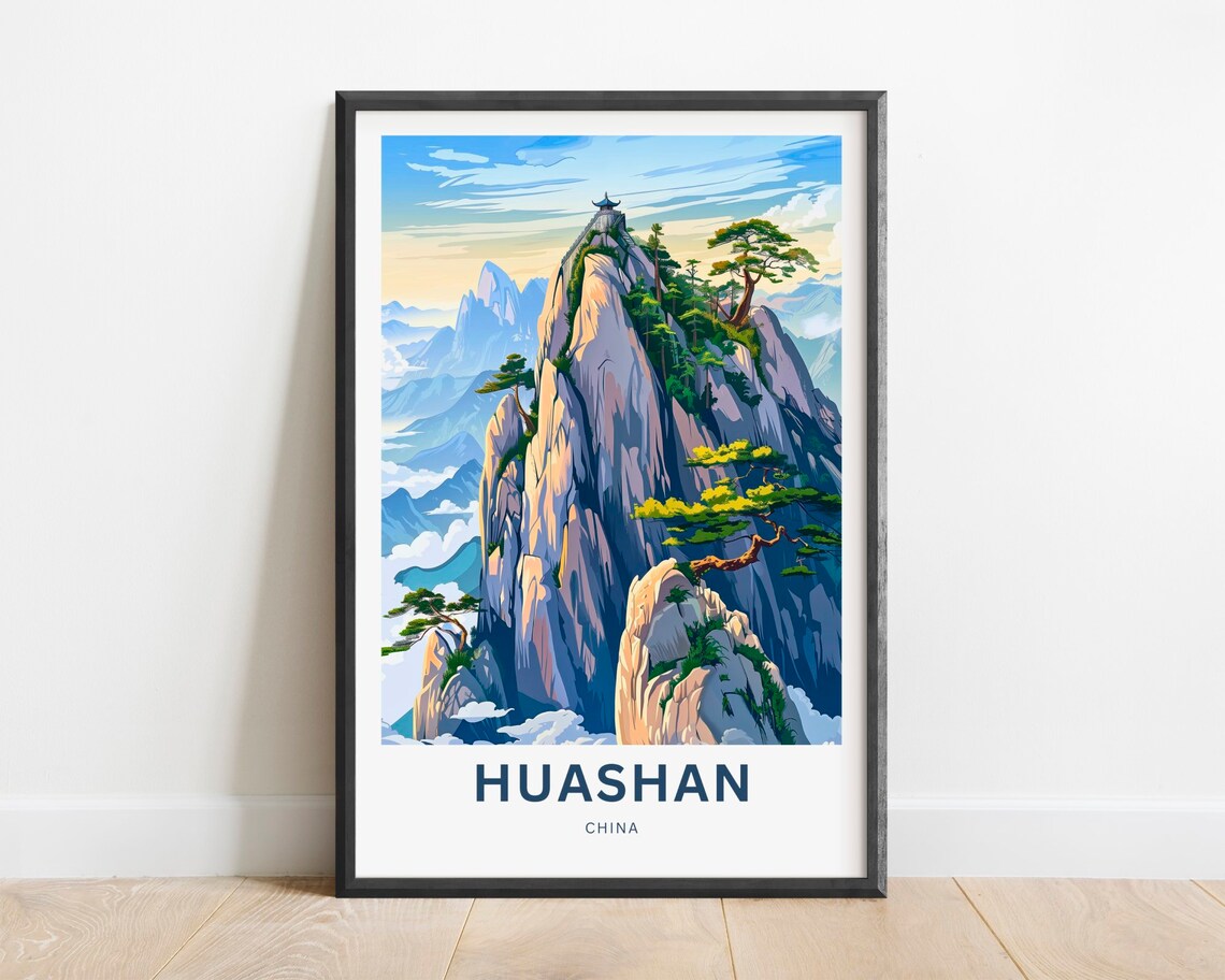 Huashan China Mount Hua Travel Poster Dramatic Illustrated Mountain Peaks