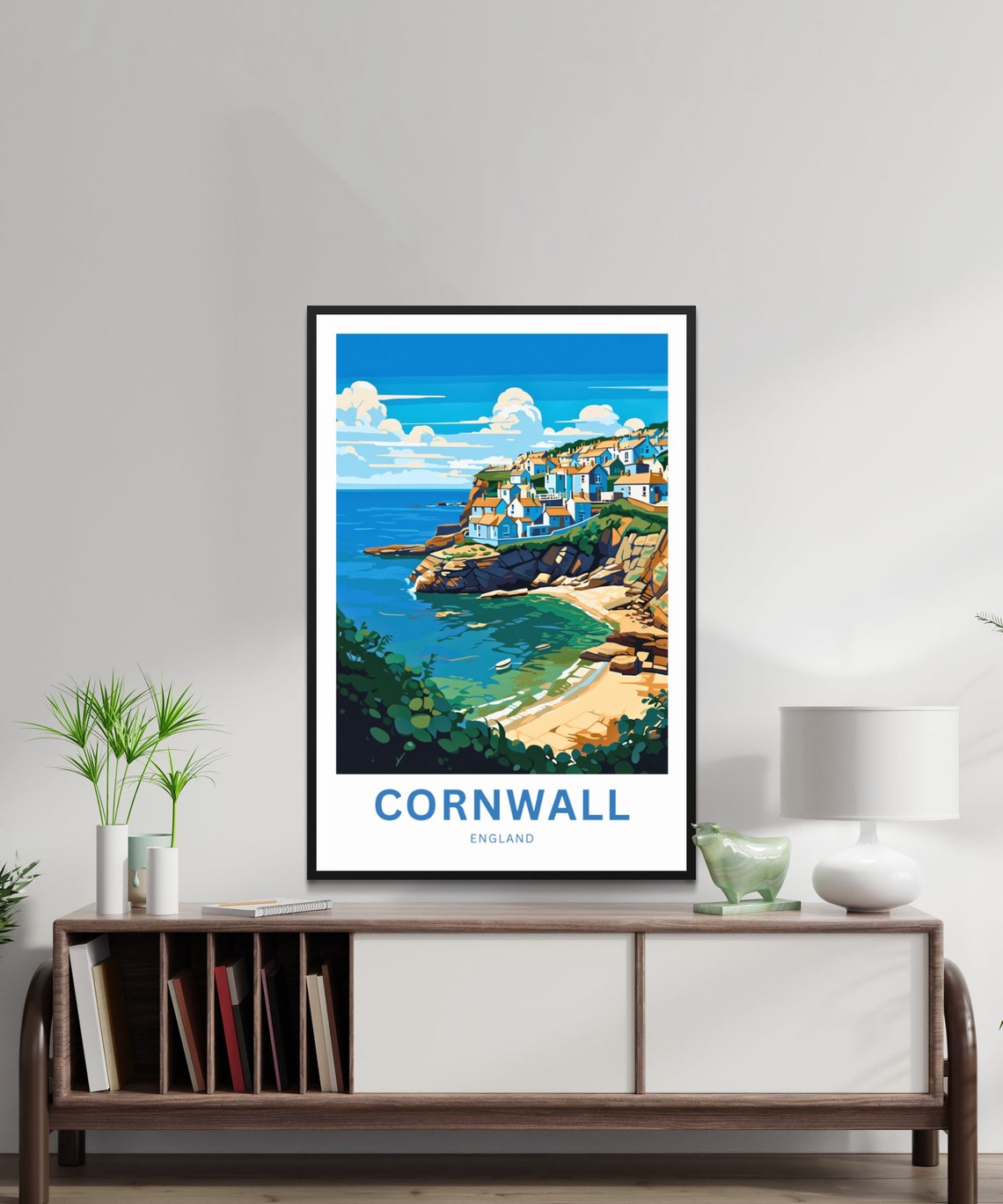 Cornwall England Cliffside Village Over Turquoise Bay Poster - Image 2