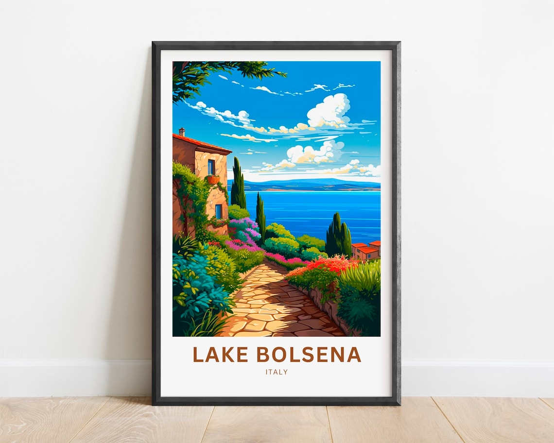 Lake Bolsena Italy Travel Poster Cypress Villa Garden Lakeside Scenic Wall Decor