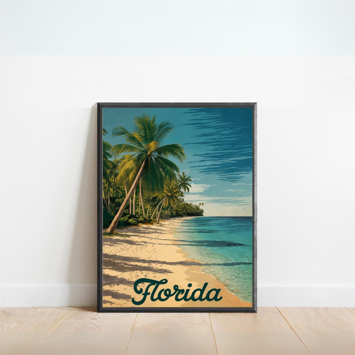 Florida Beach Palm Trees Turquoise Water Retro Vintage Travel Poster