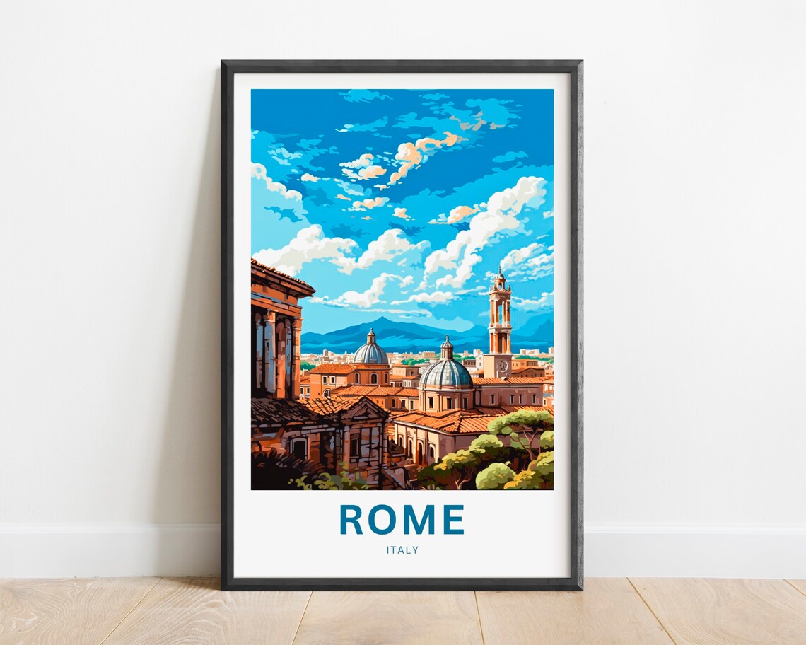 Rome Italy Domes Bell Tower Rooftops Blue Sky Vintage Travel Poster