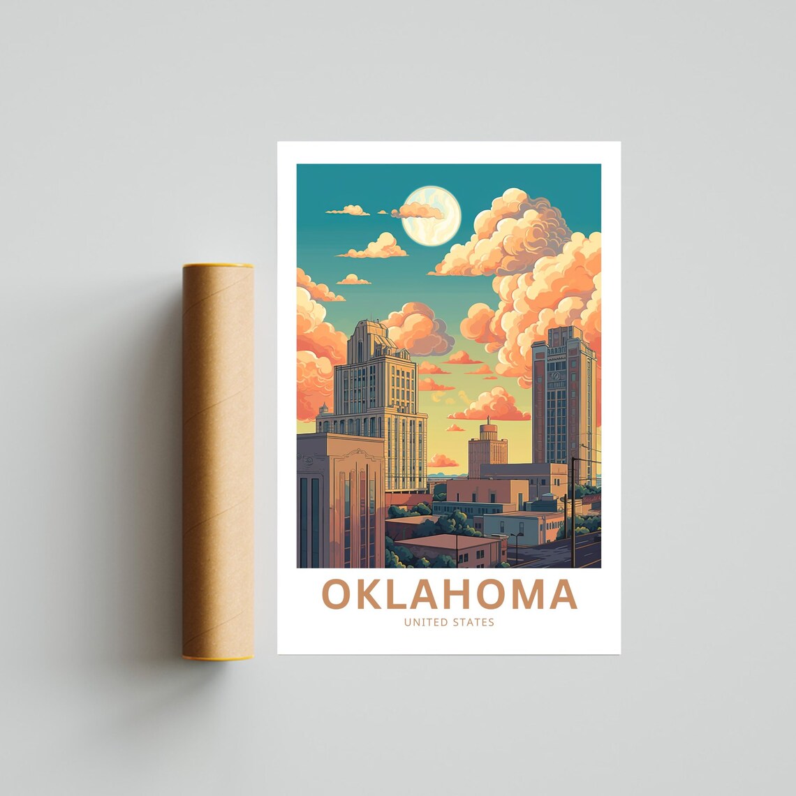 Oklahoma Skyline Under Full Moon Sunset Vintage Travel Poster - Image 4