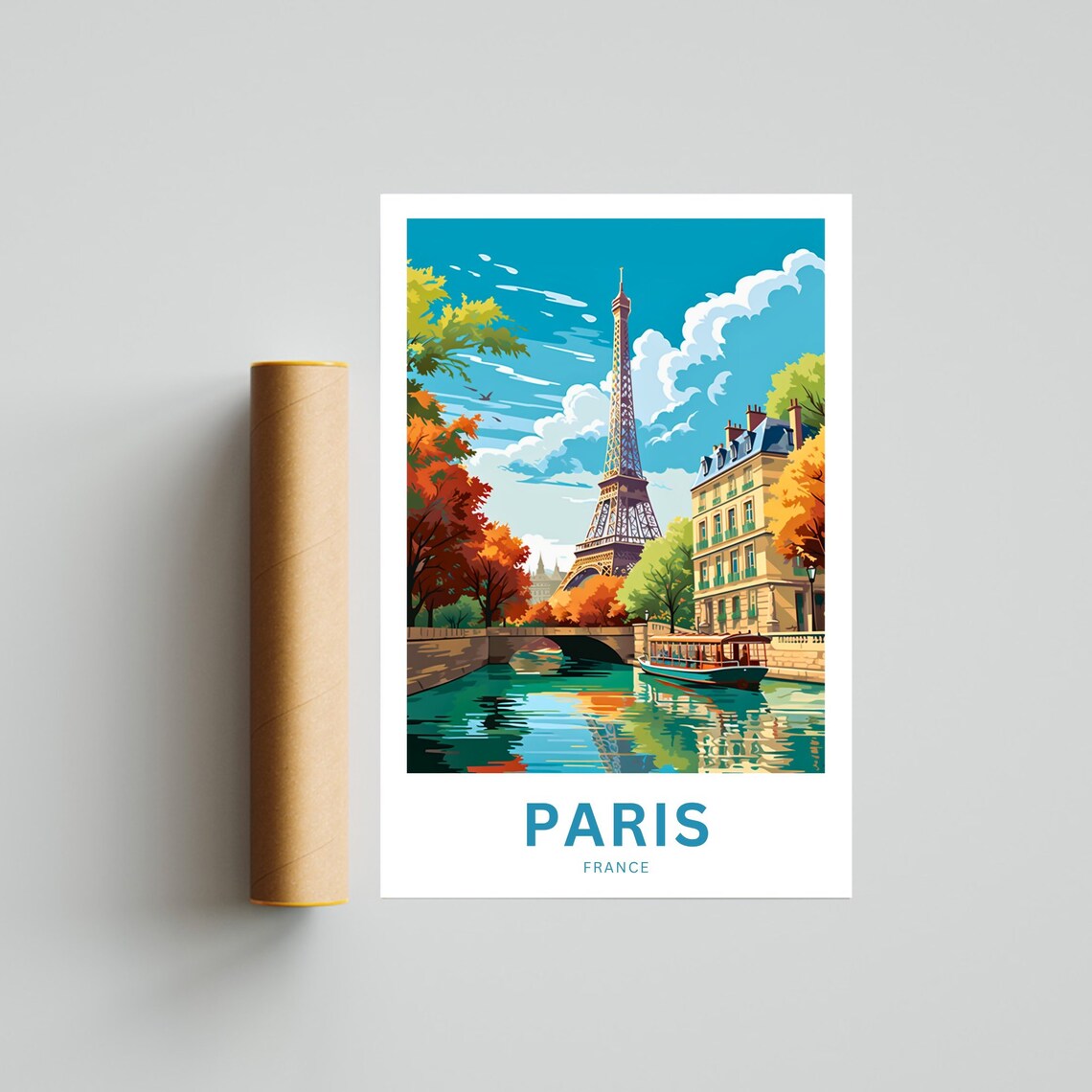 Paris France Eiffel Tower Canal Boat Autumn Trees Travel Poster - Image 3