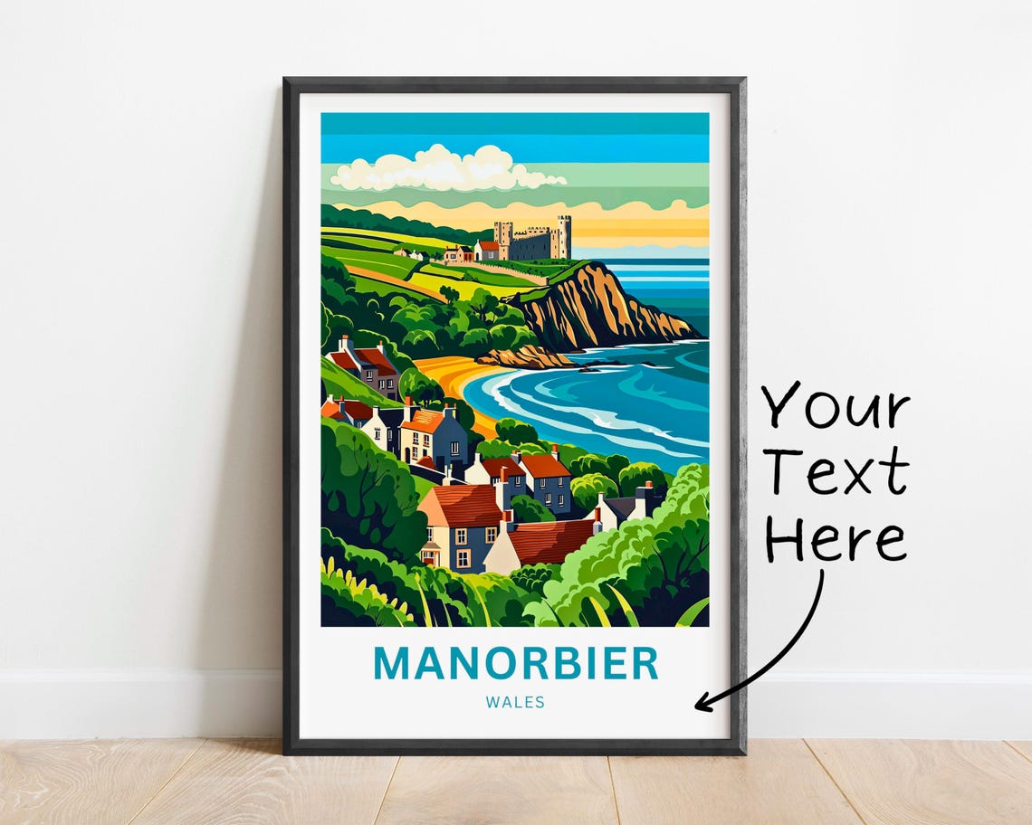 Manorbier Wales Cliffside Castle Village Coastal Travel Poster - Image 2