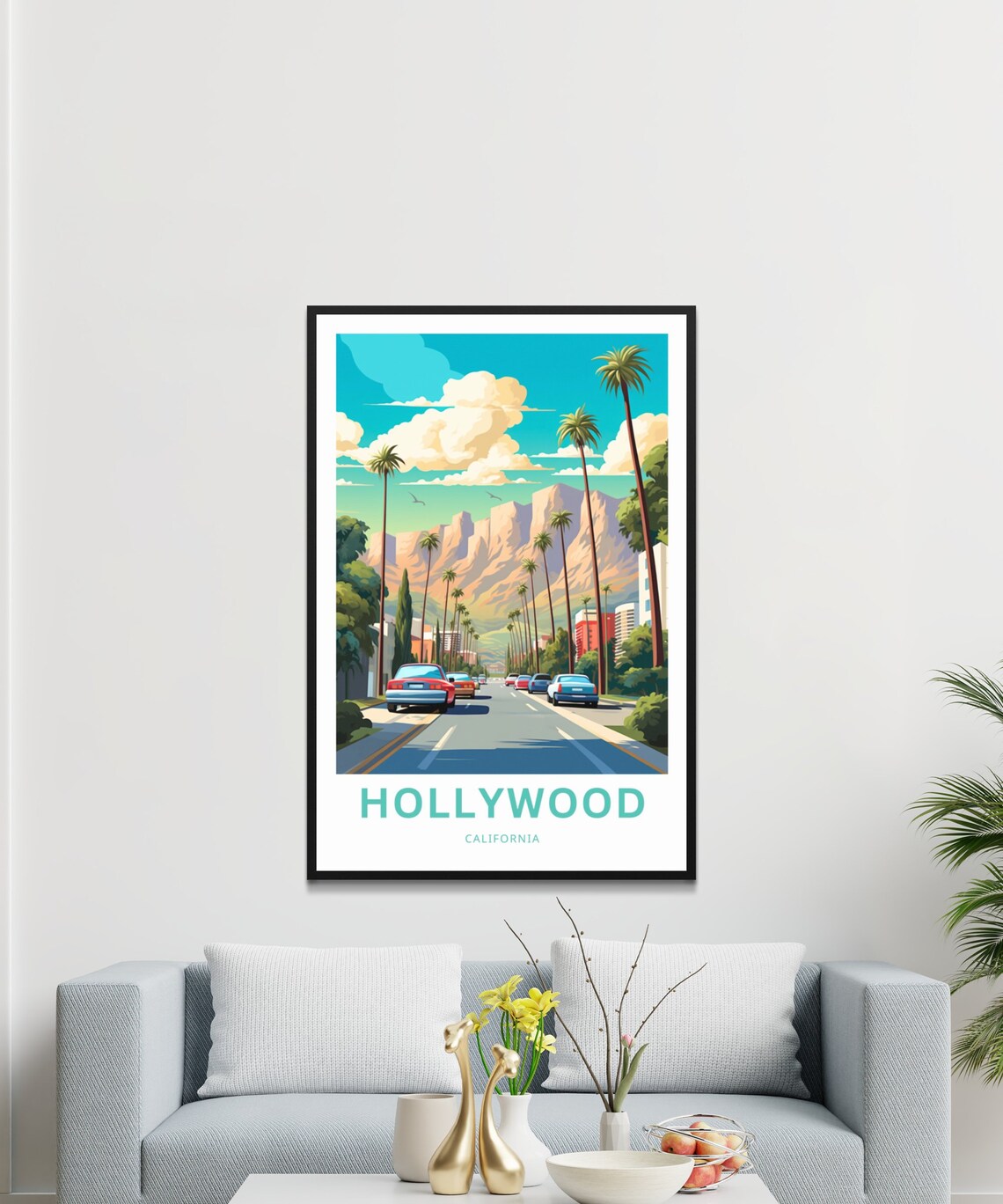 Hollywood California Palm Boulevard Classic Cars Retro Travel Poster - Image 3