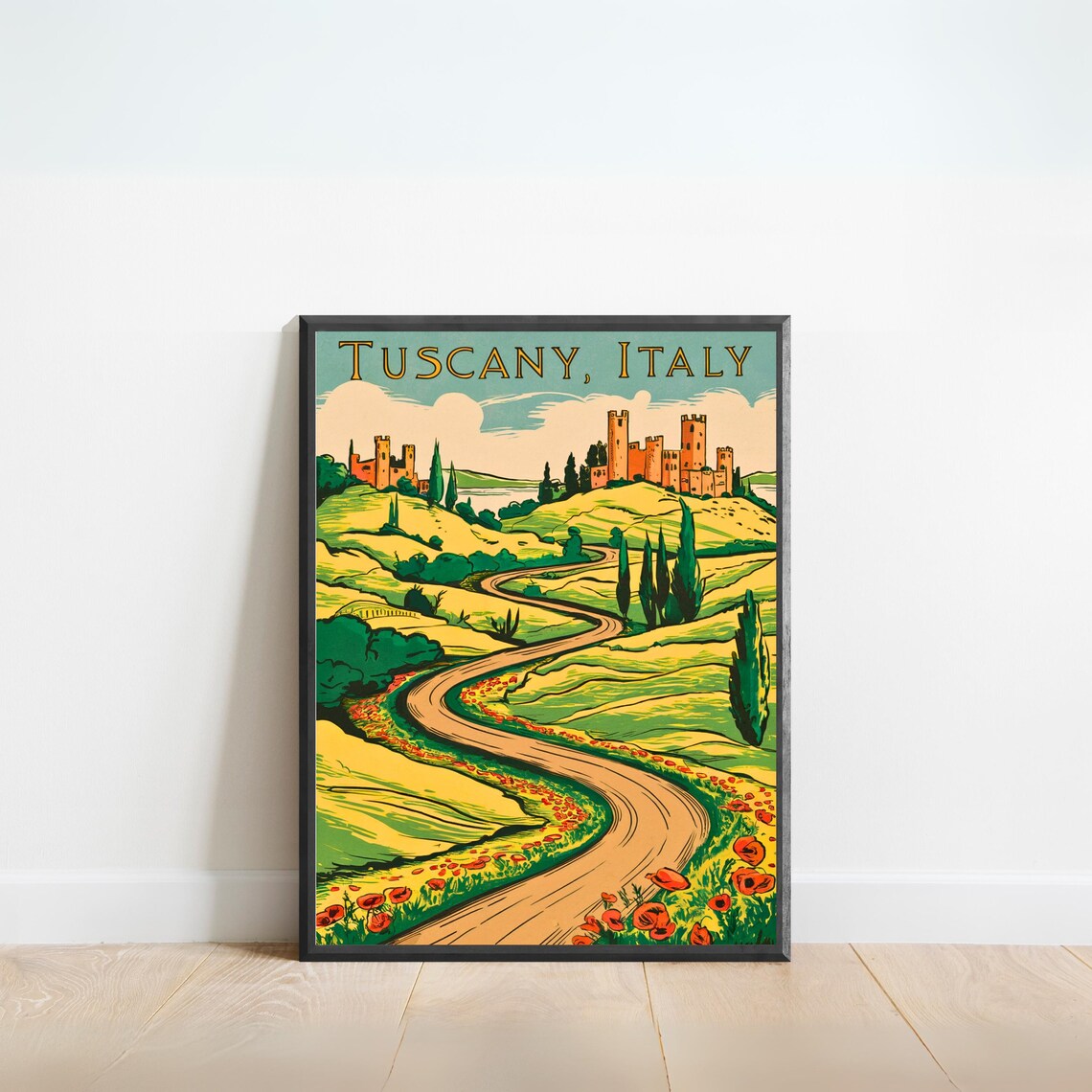 Tuscany Italy Winding Country Road Poppies Castle Hill Poster