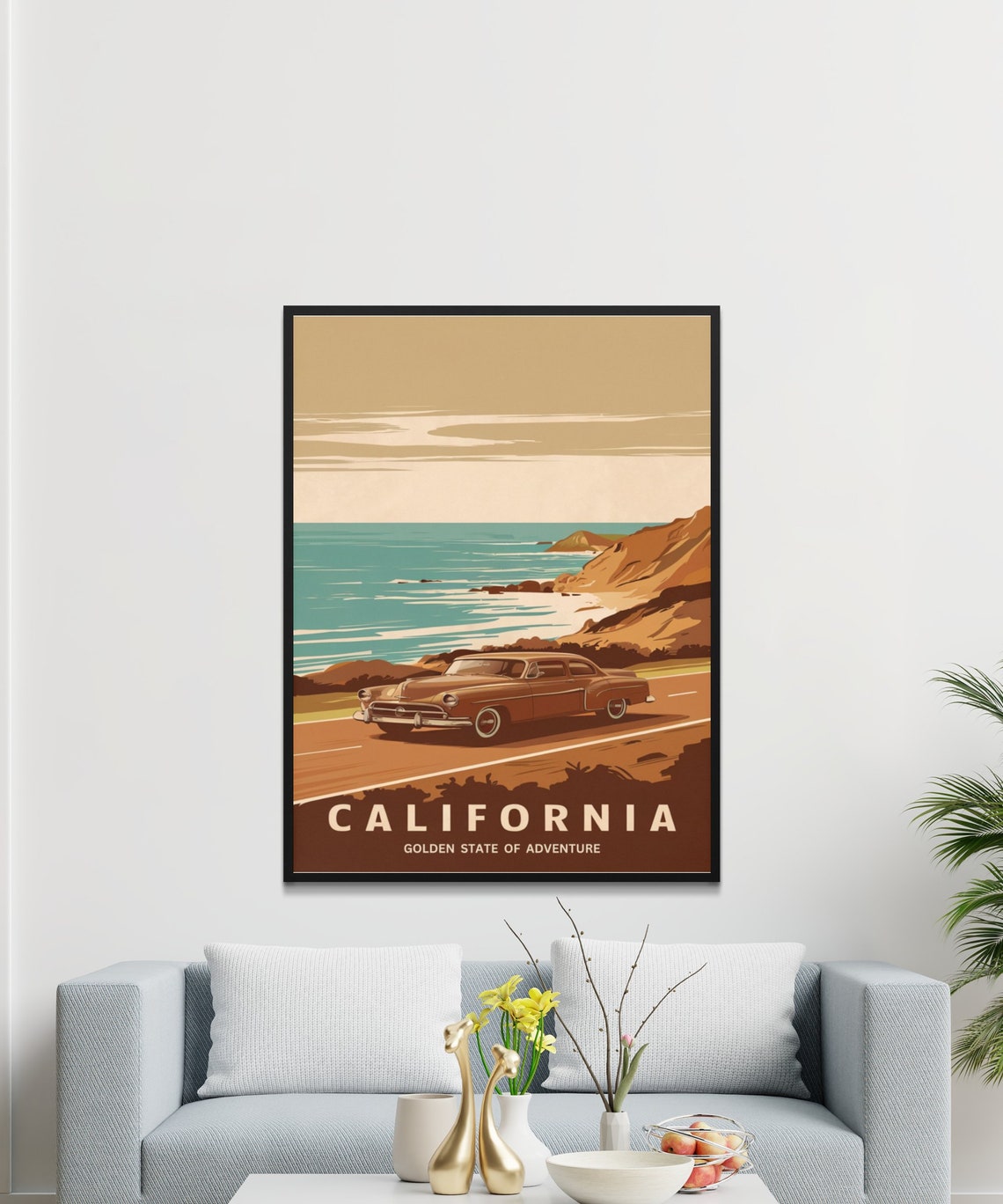 California Sunset Coast Classic Car Vintage Road Trip Poster