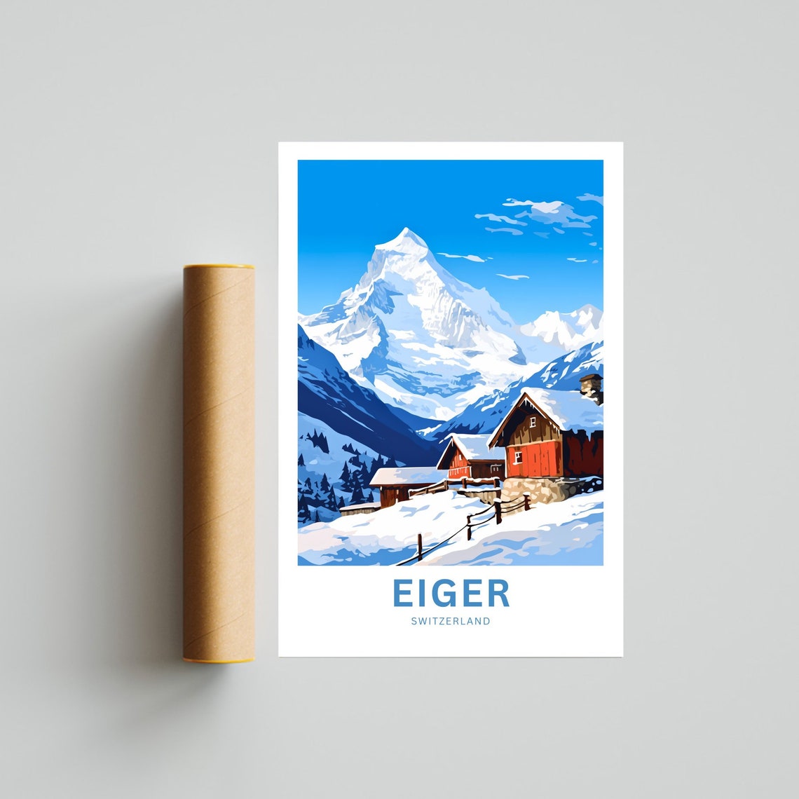 Eiger Switzerland Red Chalets Beneath Snow Covered Peak Poster - Image 4