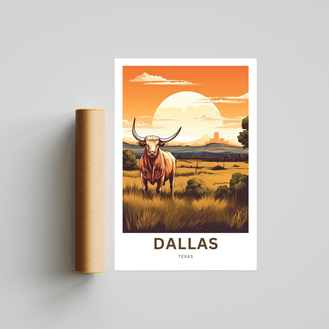 Dallas Texas Texas Longhorn Prairie Sunset Scene Travel Poster - Image 4