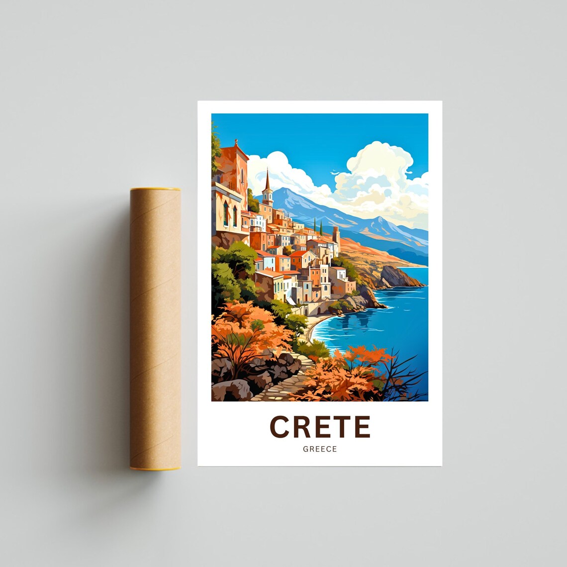 Personalized Crete Greece Hillside Old Town Coastal View Travel Poster - Image 4