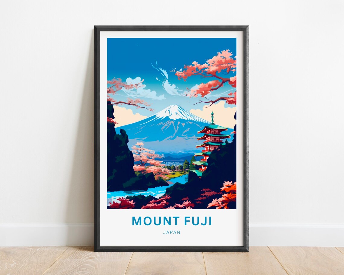 Mount Fuji Japan Cherry Blossom Pagoda Snow Peak Travel Poster