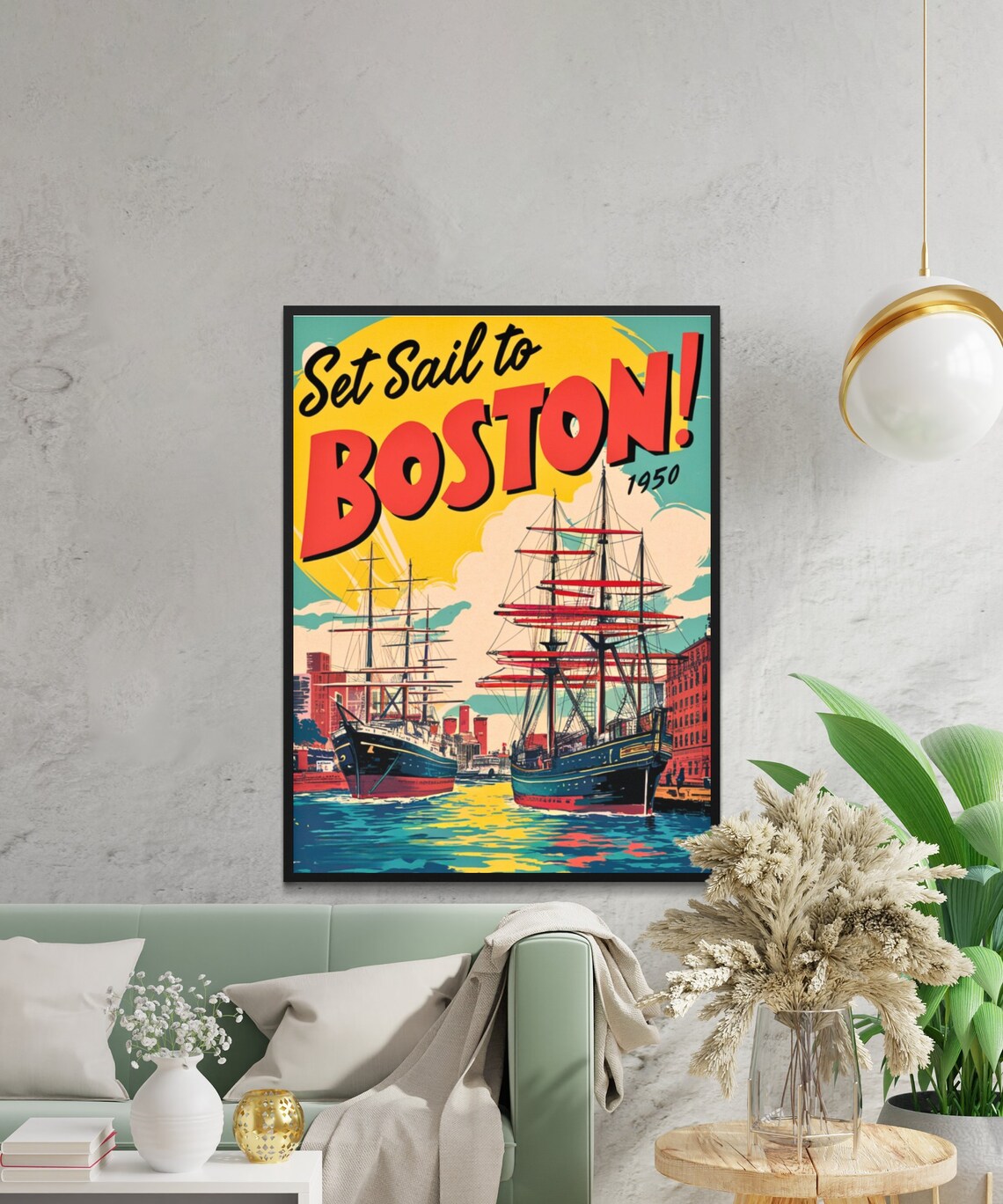 Set Sail to Boston 1950 Tall Ships Harbor Vintage Retro Travel Poster - Image 2