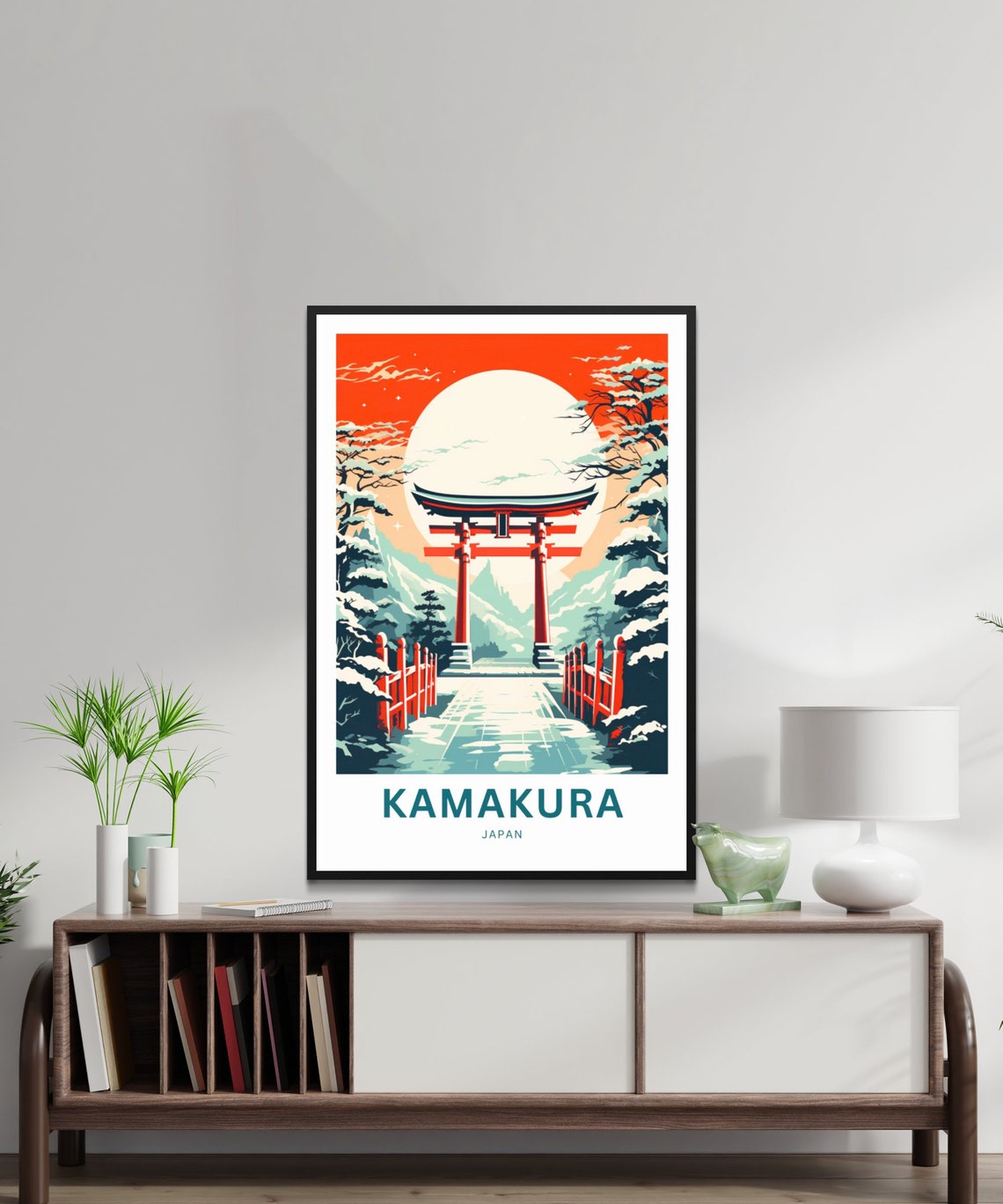 Kamakura Japan Red Torii Gate Snowy Moonlit Night Travel Poster - Image 3