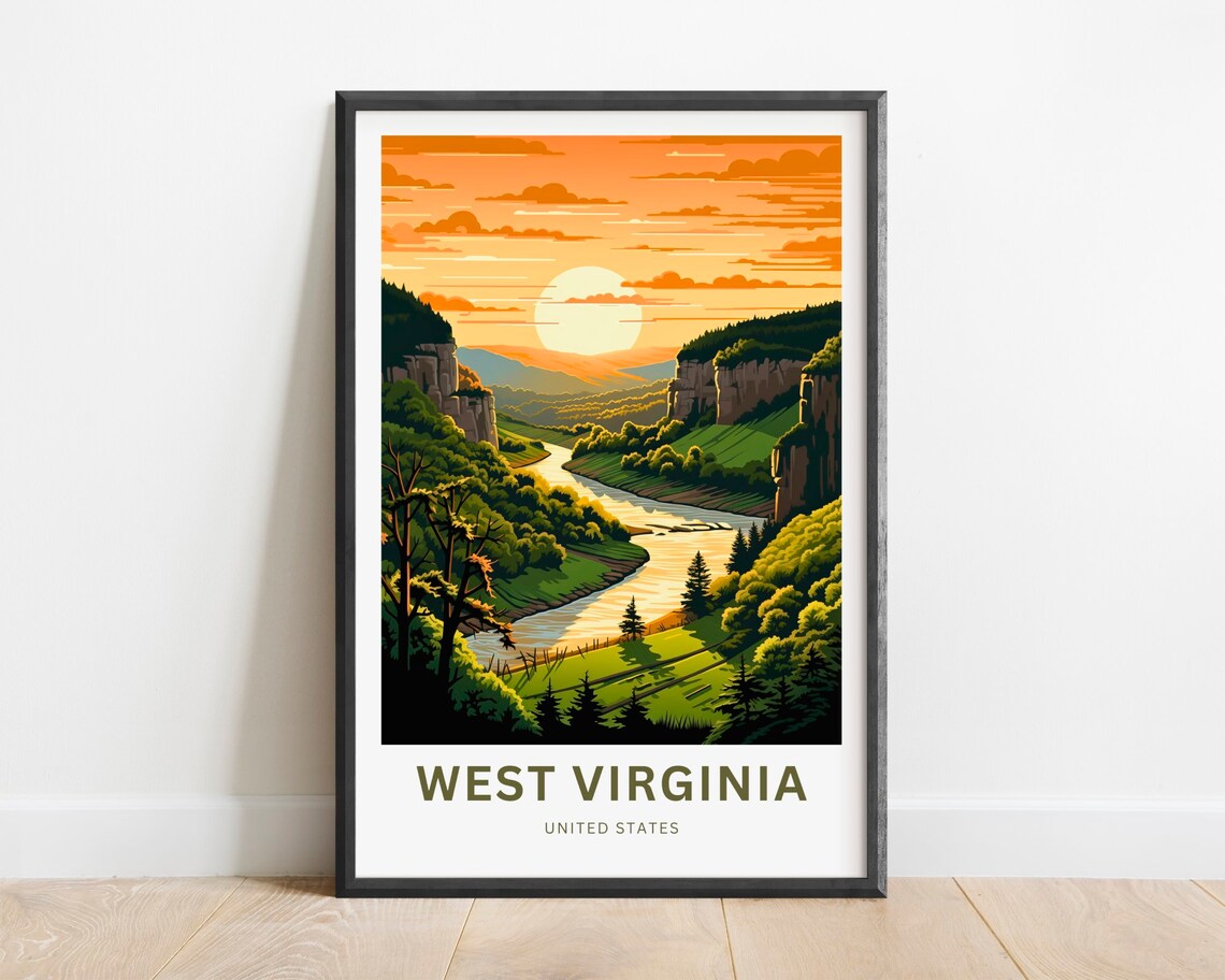 West Virginia Golden River Valley Sunset Landscape Travel Poster