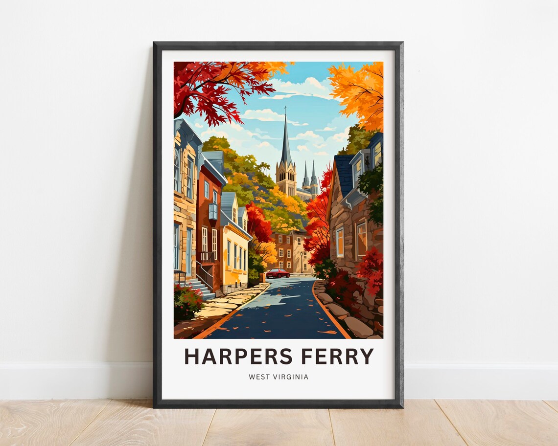 Harpers Ferry Autumn Street Red Maples Cathedral View Travel Poster