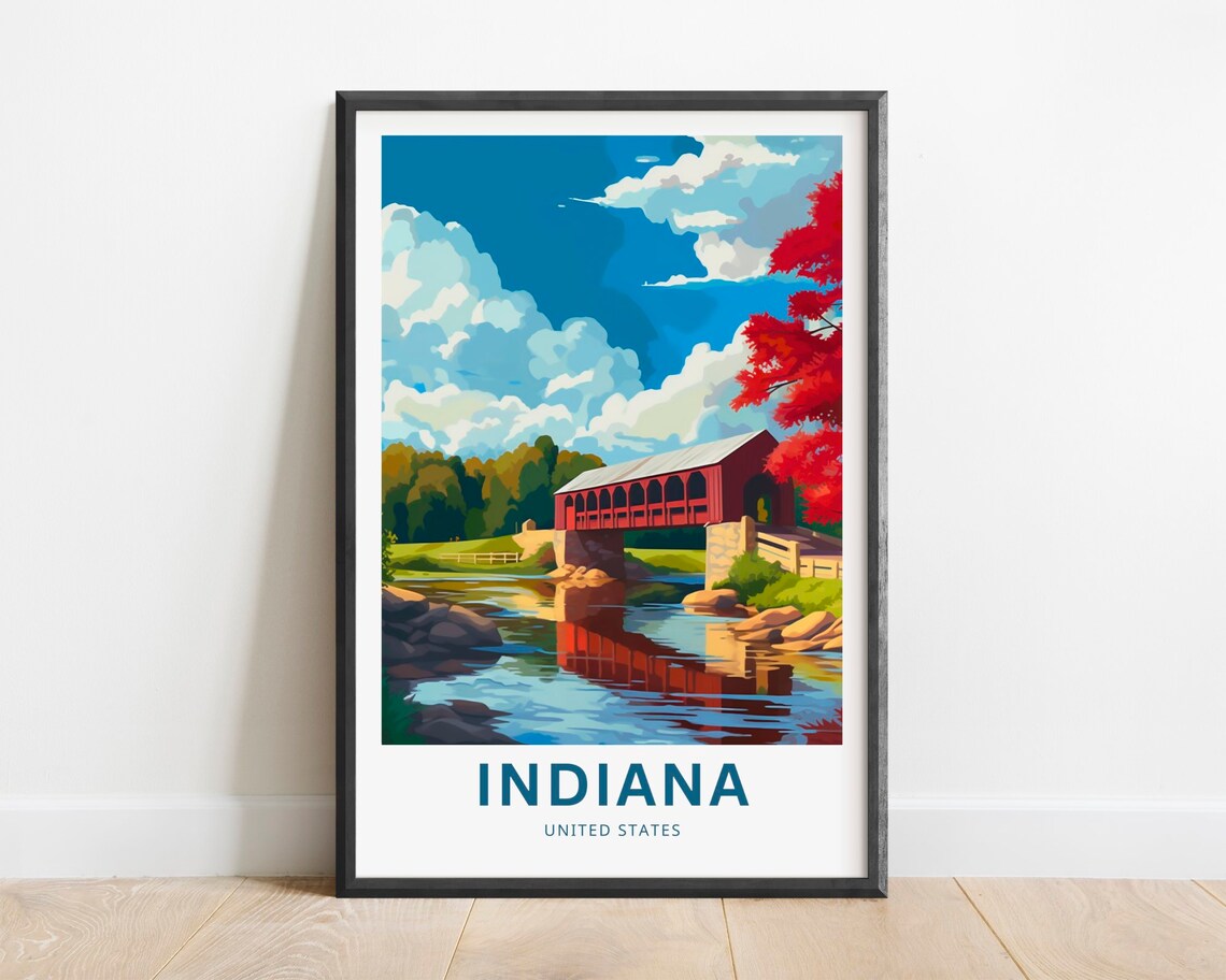 Indiana Red Covered Bridge River Scene Vintage United States Travel Poster