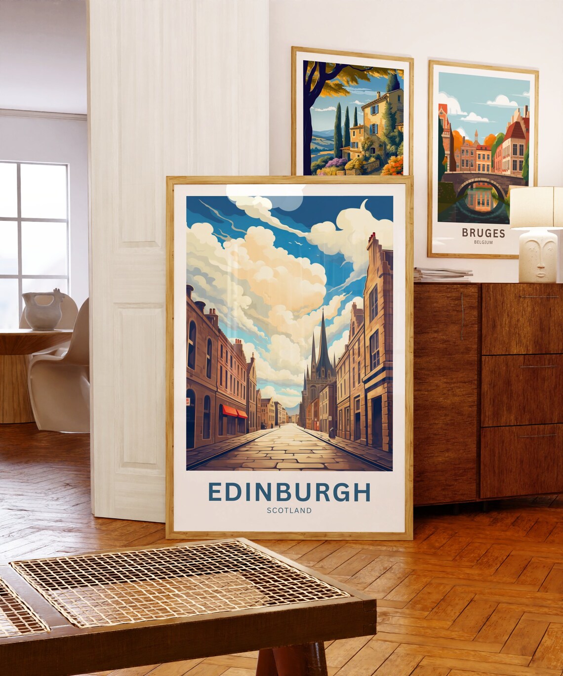 Edinburgh Scotland Cobblestone Street Church Spire Clouds Poster - Image 5
