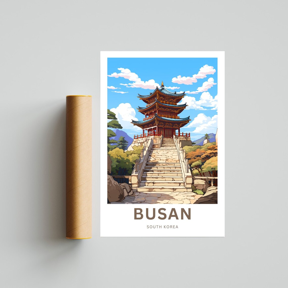 Busan South Korea Wooden Pavilion Stone Staircase Temple Travel Poster - Image 4