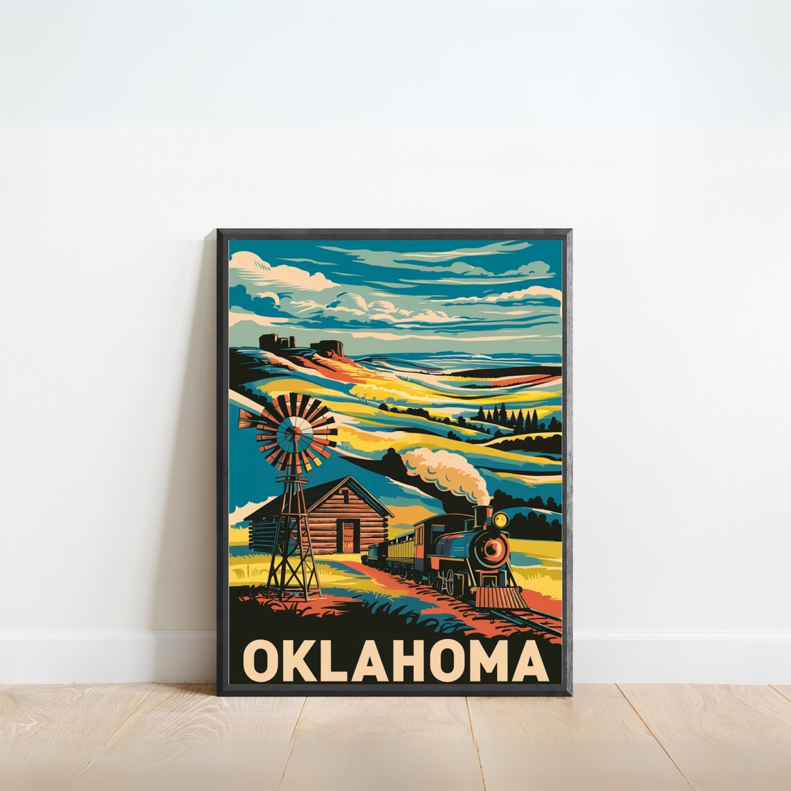 Oklahoma Vintage Steam Train Prairie Windmill Country Travel Poster