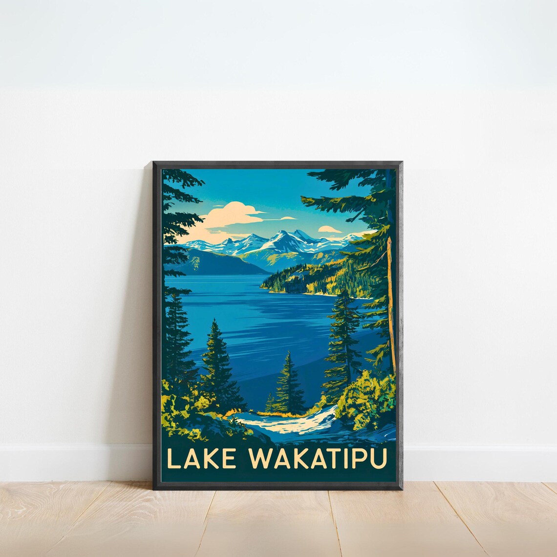 Lake Wakatipu New Zealand Alpine Lake View Vintage Travel Poster