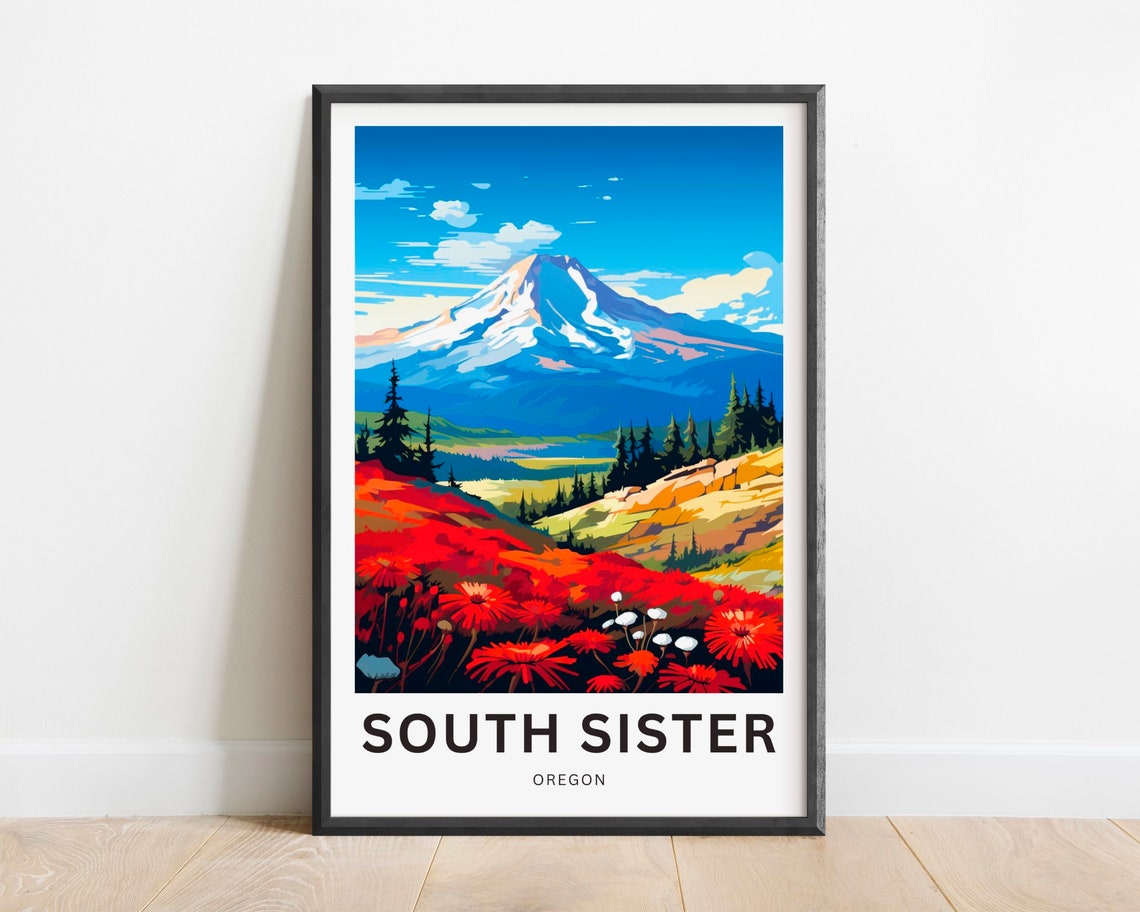 South Sister Oregon Autumn River Forest Valley Travel Poster