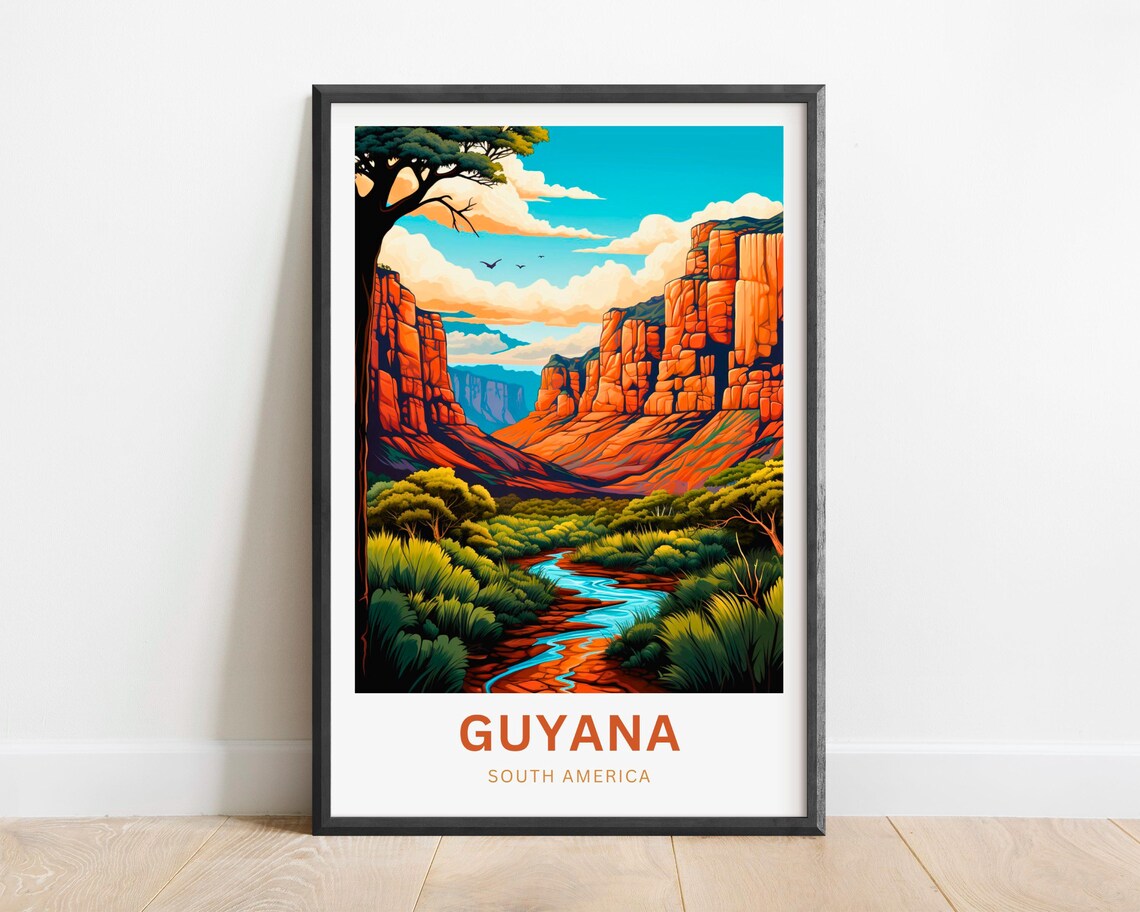 Guyana South America Red Rock Canyon Stream Valley Travel Poster