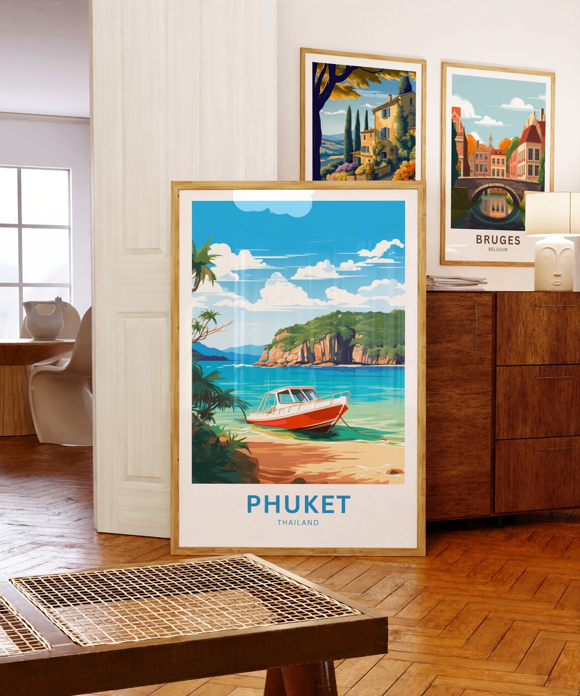 Phuket Thailand Travel Poster Orange Boat Anchored Tropical Bay Art - Image 5