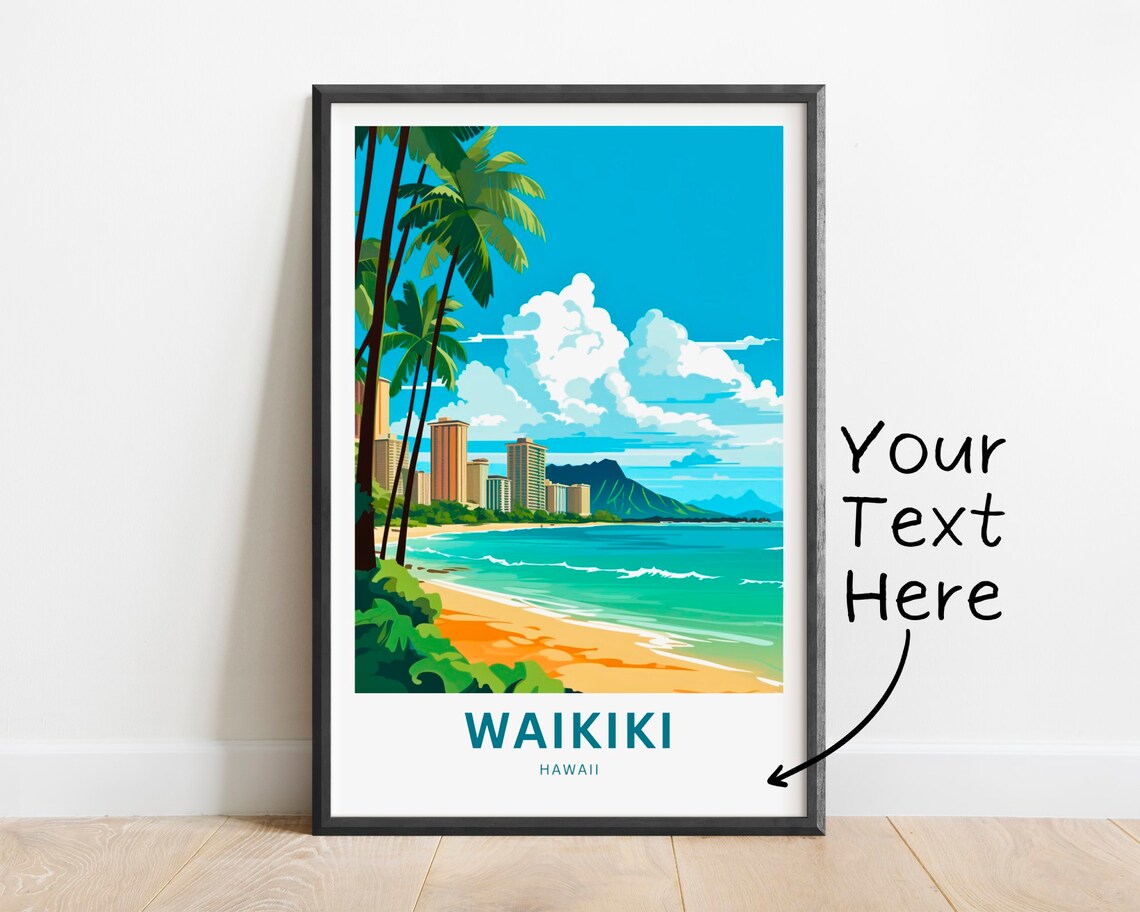 Waikiki Golden Sand Beach Turquoise Sea Hawaii Travel Poster