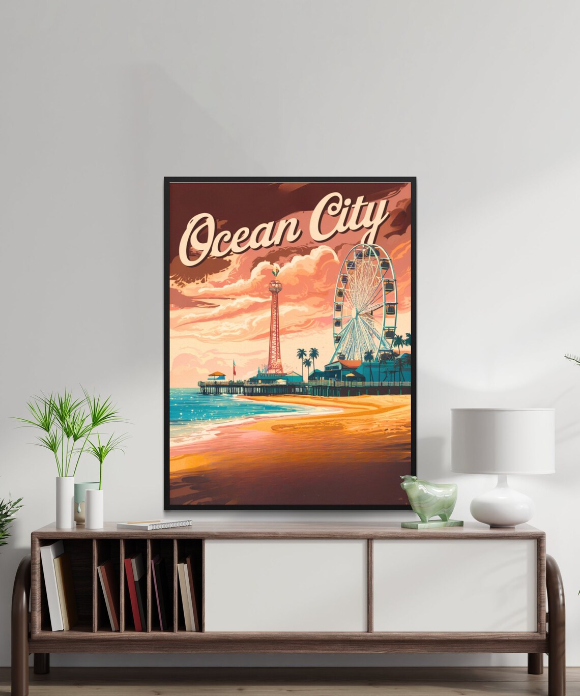 Ocean City Vintage Boardwalk Pier Ferris Wheel Sunset Travel Poster - Image 3