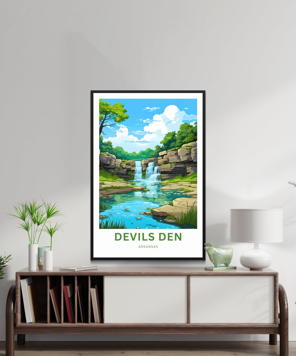 Devils Den Arkansas Triple Cascades Travel Illustration Poster - Image 2