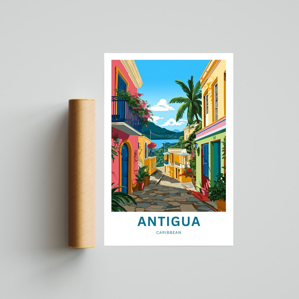 Antigua Caribbean Cobblestone Lane Palms Scene Travel Poster - Image 4