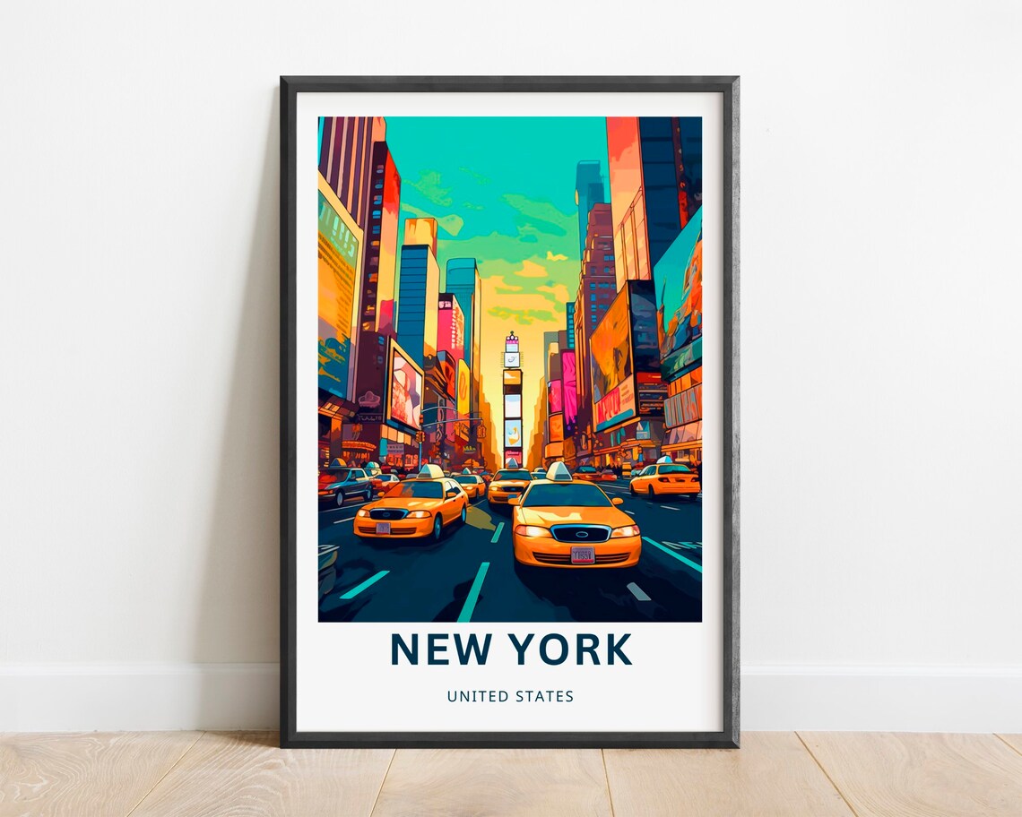 New York Times Square Yellow Taxis Neon Night City Travel Poster Art