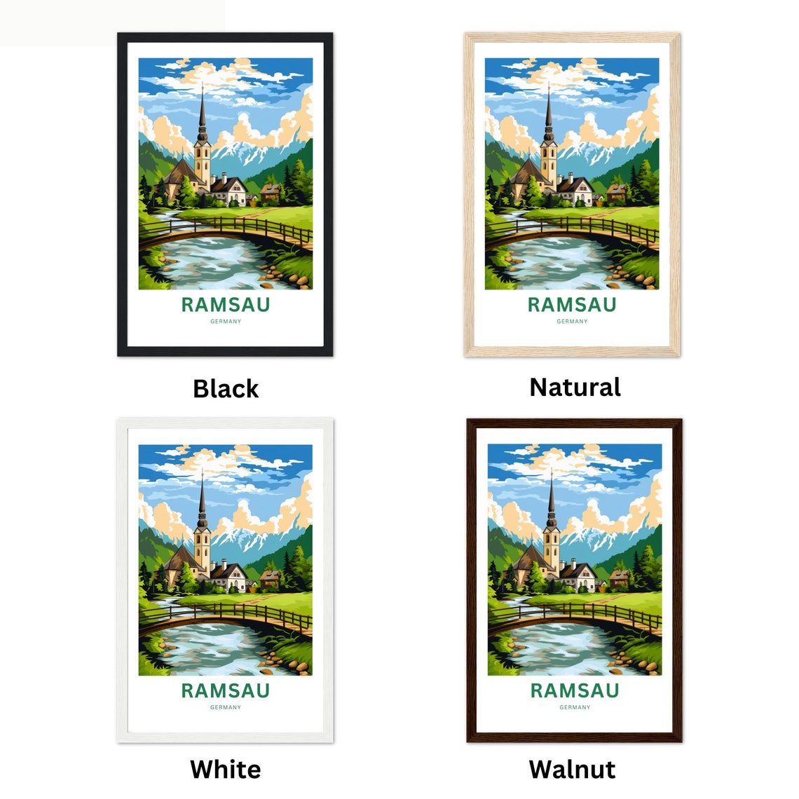 Ramsau Germany Charming Church Bridge Over A Mountain Stream Poster - Image 2