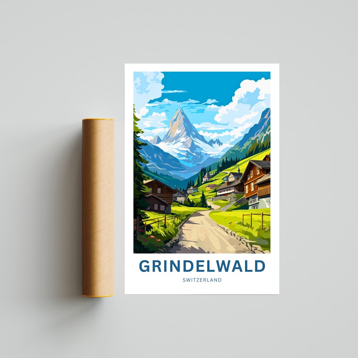 Grindelwald Switzerland Alpine Chalets Village Lane Scene Poster - Image 4