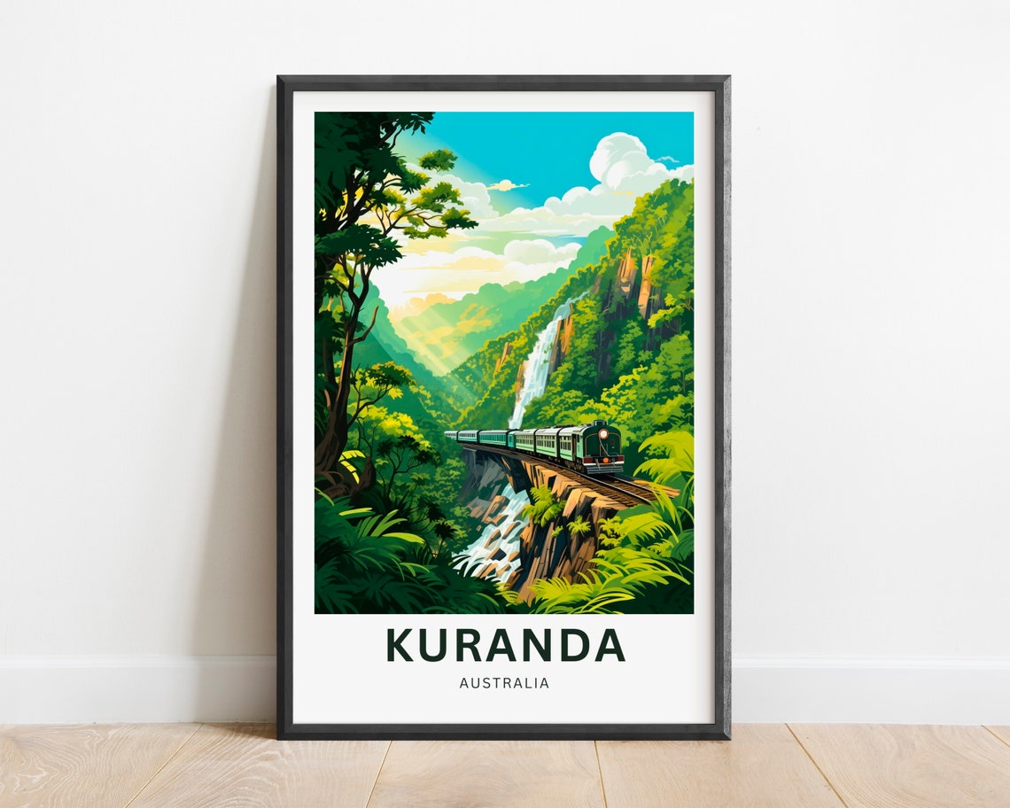Kuranda Australia Train Bridge Waterfall Vintage Travel Poster Gift
