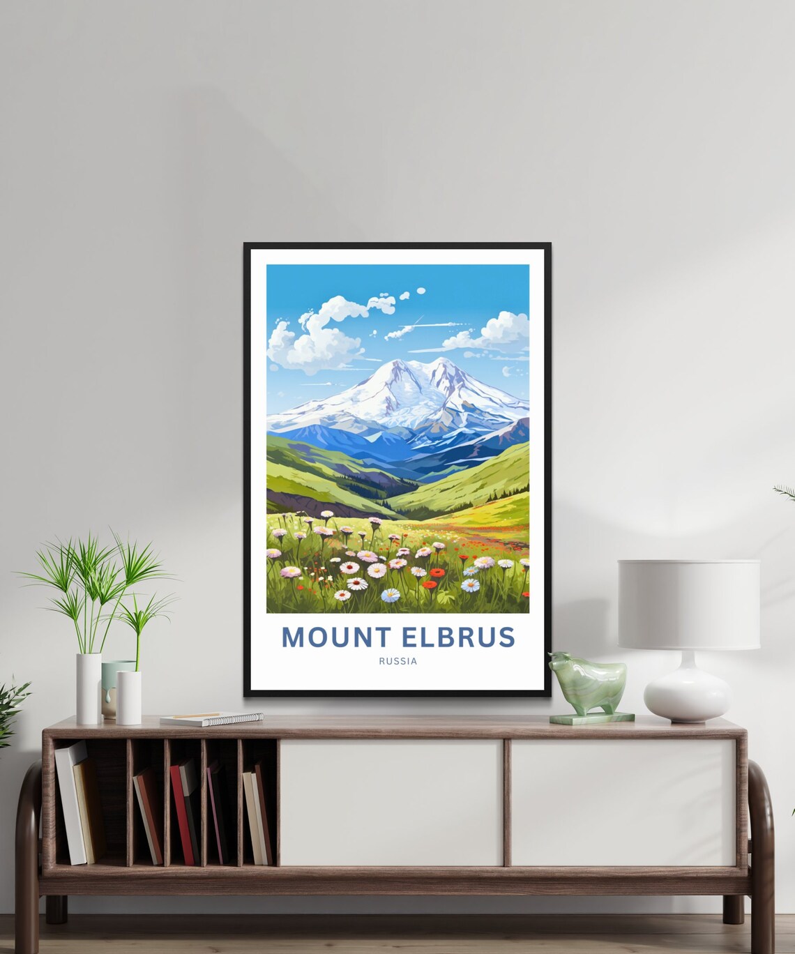 Mount Elbrus Russia Snowy Peak Wildflower Meadow Travel Poster - Image 3