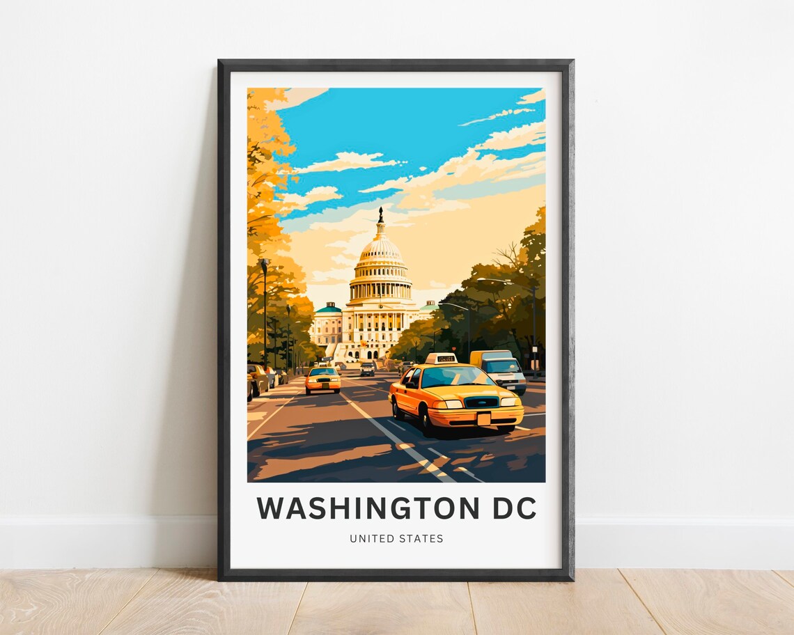 Washington DC Capitol Yellow Taxis Busy Street Daytime Travel Poster