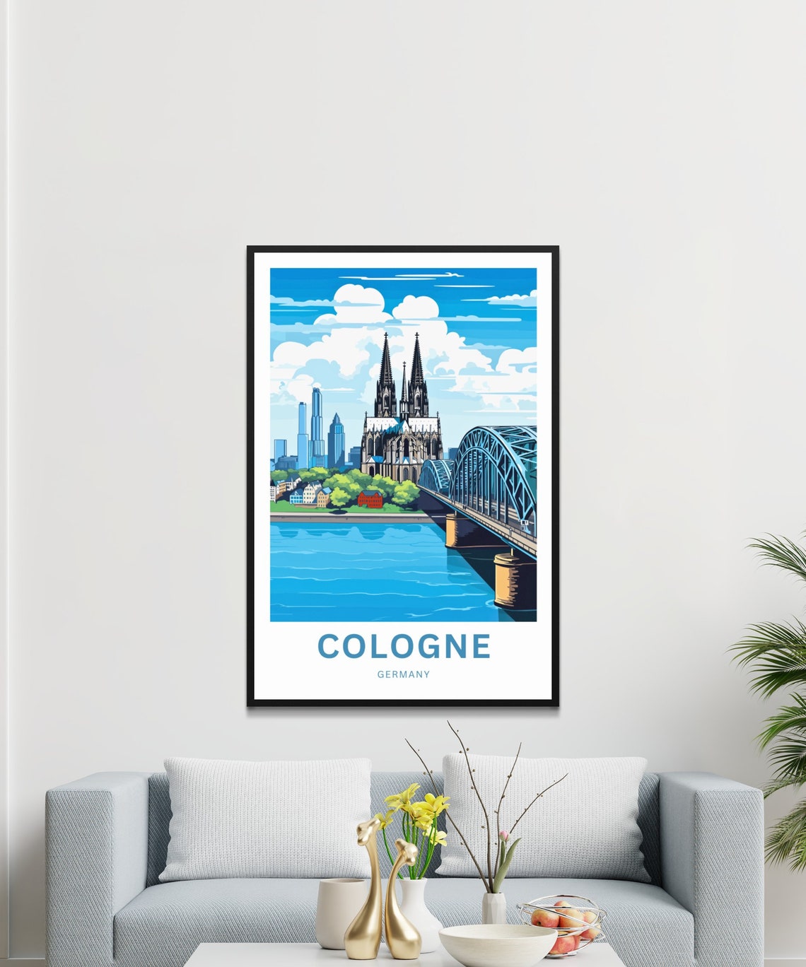 Cologne Germany Cathedral Bridge Bright Blue Sky View Poster - Image 3