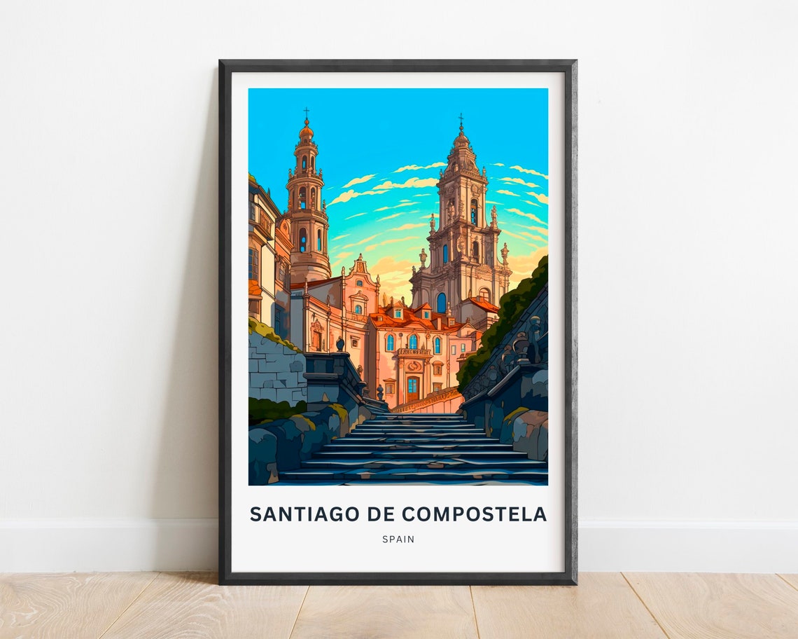 Santiago de Compostela Spain Cathedral Steps Sunset Travel Poster