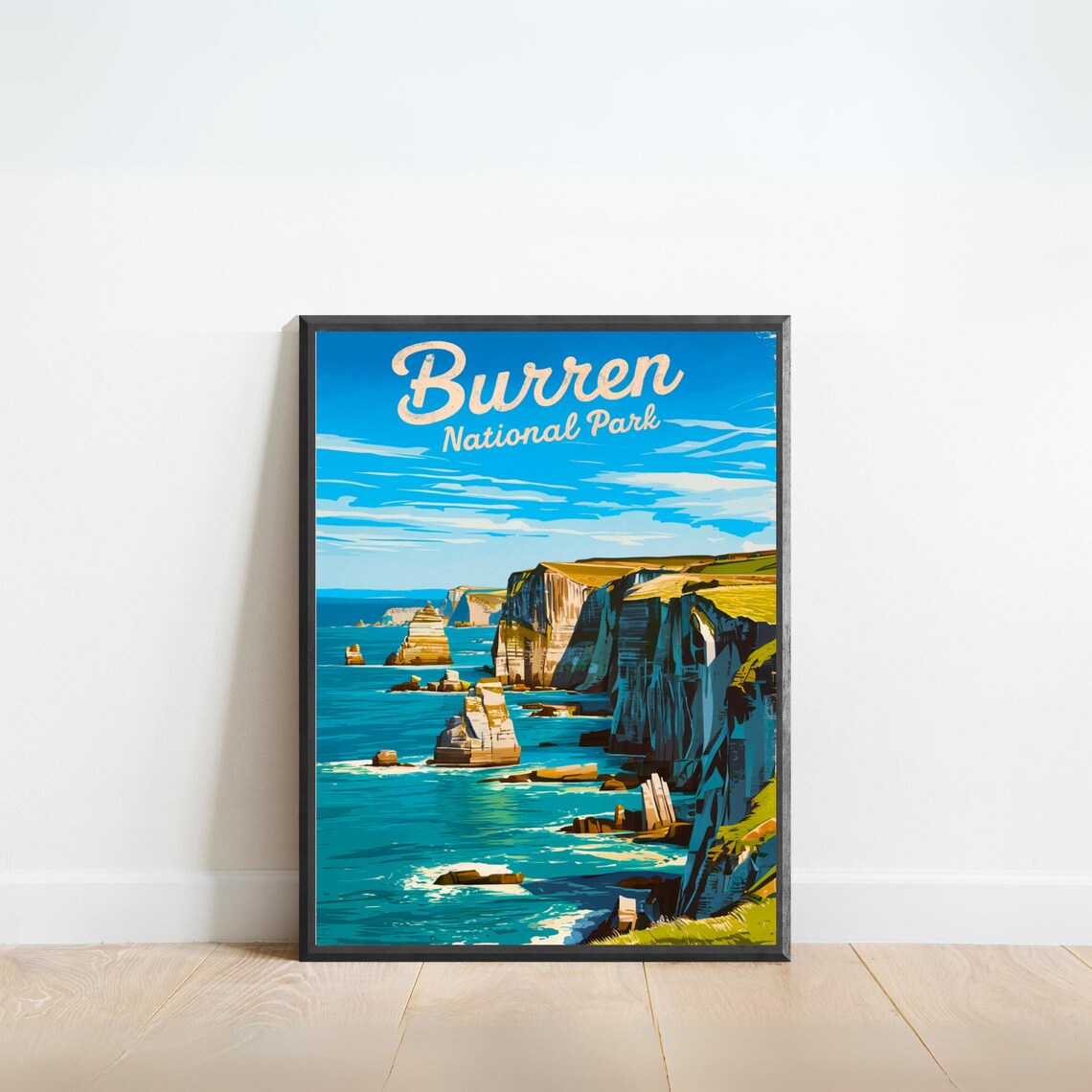 Burren National Park Ireland Sea Cliffs Coastal Vintage Travel Poster