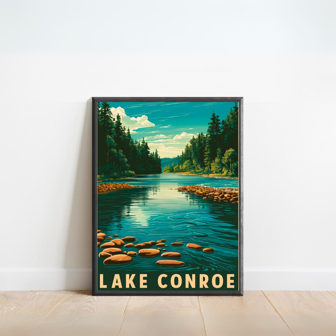 Lake Conroe Texas Pine Forest Rocky Shore Peaceful Scenic Poster