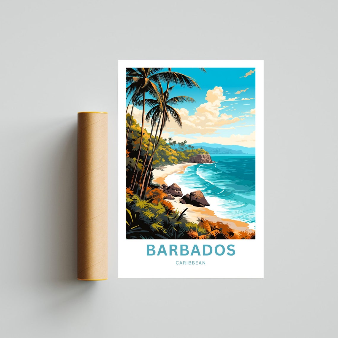 Barbados Caribbean Rocky Coastline Palm Trees Surf Travel Poster - Image 4