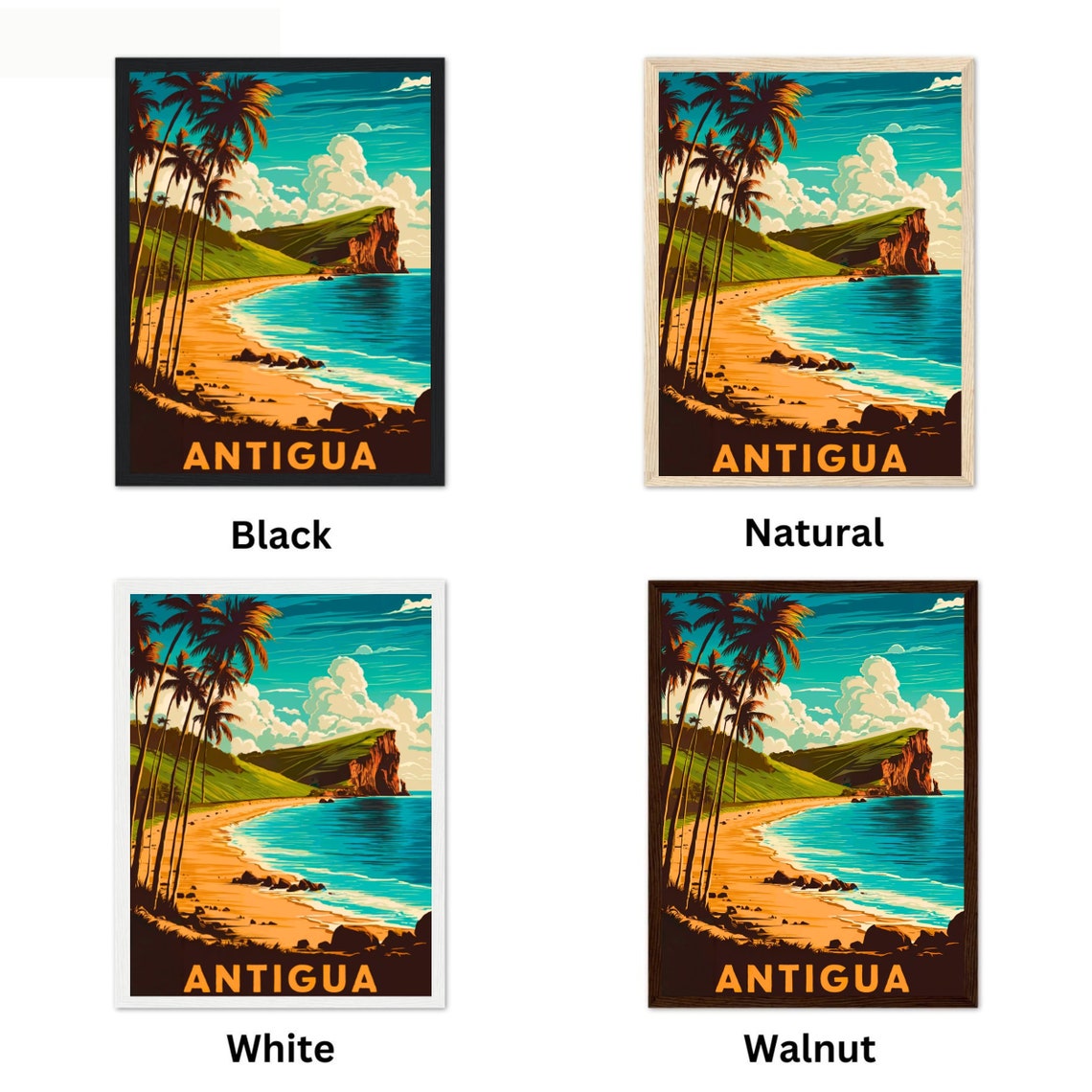 Antigua Vintage Caribbean Palm Beach Golden Cliffs Sunset Poster - Image 4