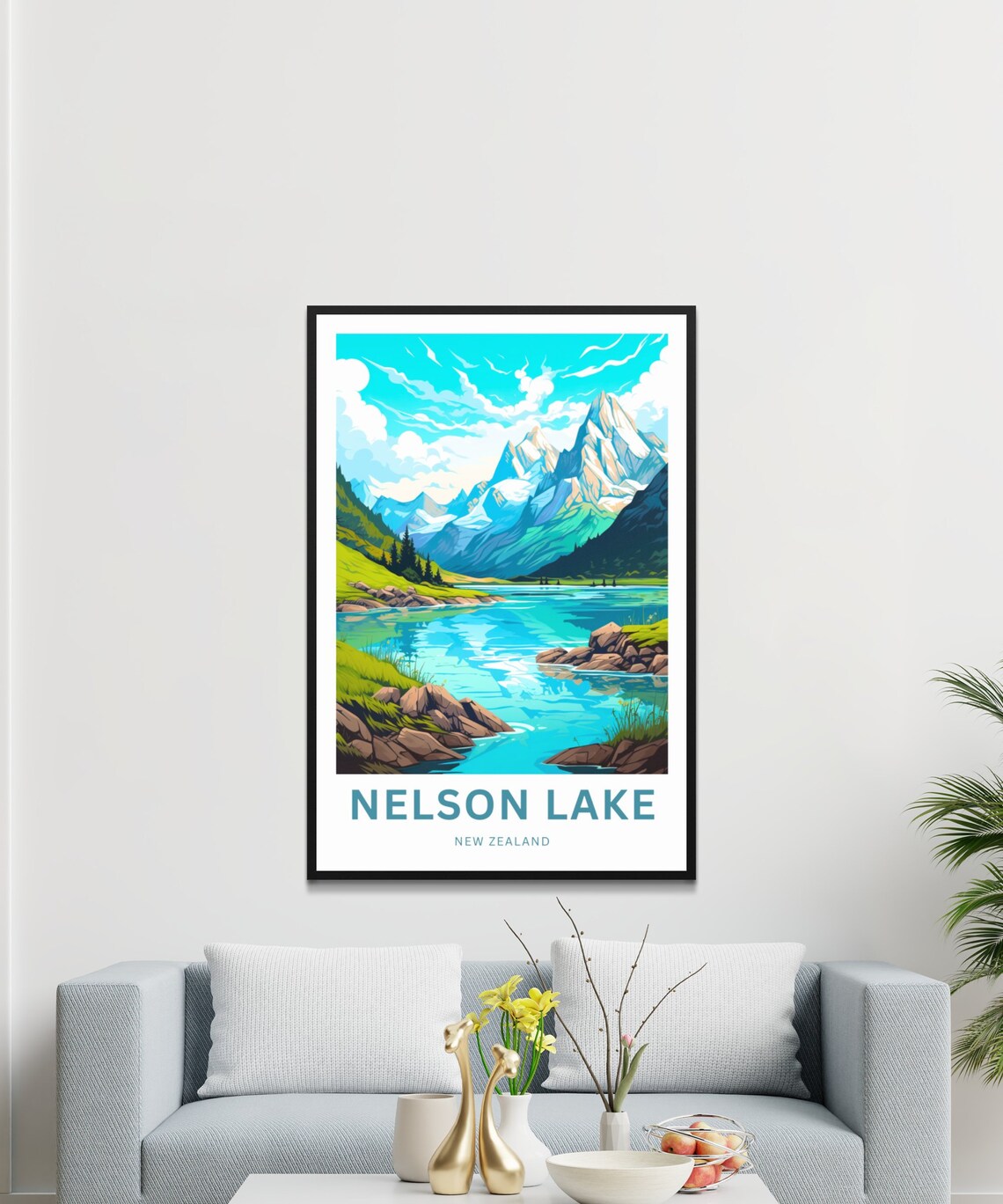Nelson Lake New Zealand Turquoise Lake Snowy Peaks Travel Poster - Image 3