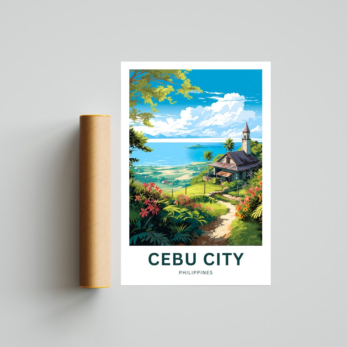 Cebu City Philippines Tropical Church Hill Sea View Art Poster - Image 4