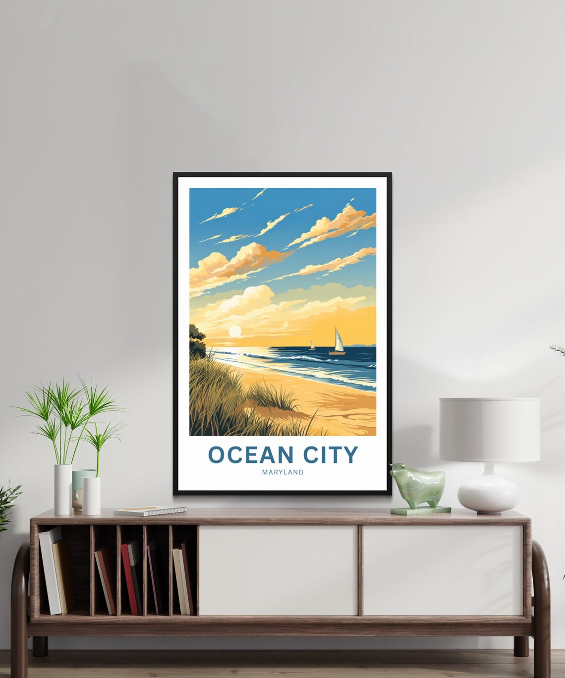 Ocean City Maryland Golden Sunset Beach Sailboats Travel Poster - Image 3