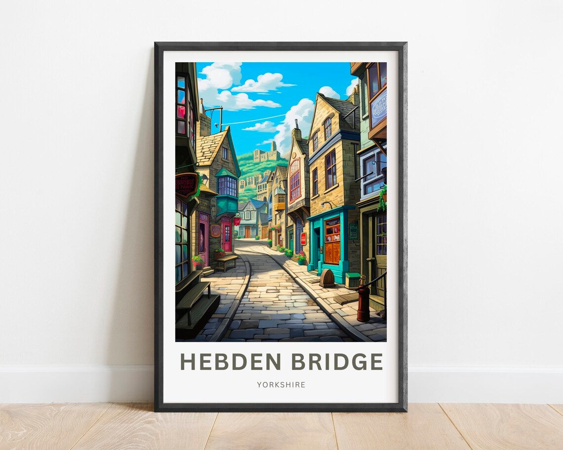 Hebden Bridge Yorkshire Cobbled Lane Cottages Vintage Travel Poster