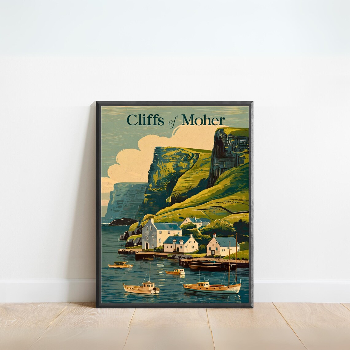 Cliffs of Moher Ireland Harbor Boats Vintage Travel Poster Gift