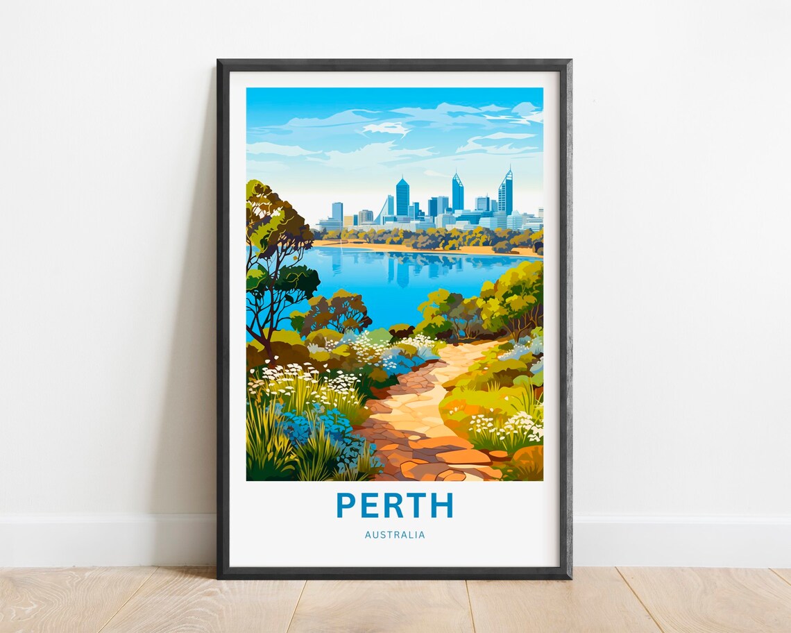 Perth Australia City Skyline River View Vintage Travel Poster
